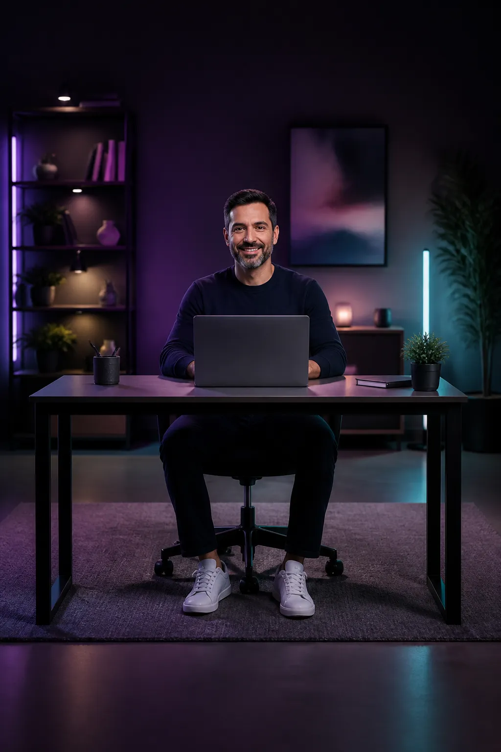 Business owner running their automated marketing ecosystem from a clean modern workspace